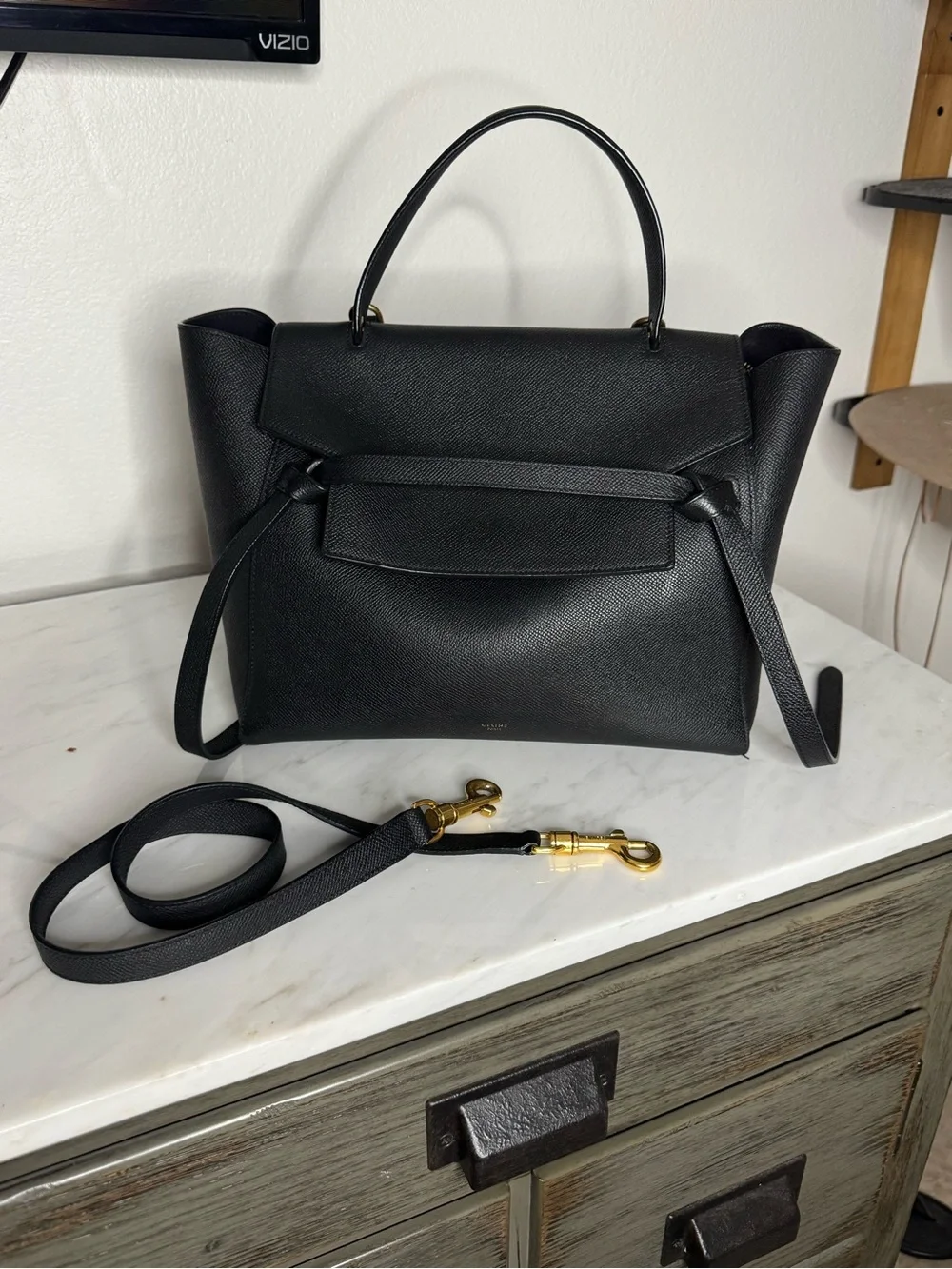 Céline Celine Belt Bag Leather 2 Way Handbag Black EUC
